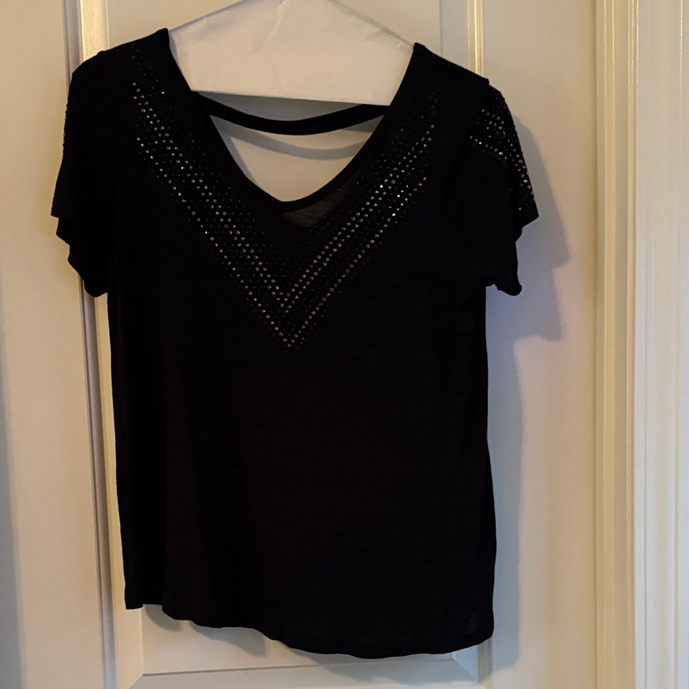 Vocal Black Short Sleeve V-Neck Sequin Detailed Top